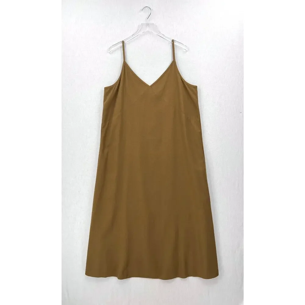 JENNI KAYNE Riviera Slip Dress Womens XXL Safari Green Raw Silk V-neck Maxi NEW - Picture 3 of 16